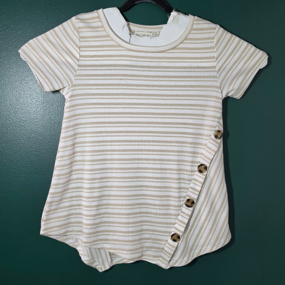 Retrology Womens Tan White Striped Ribbed Knit Asymmetrical Button Top Medium
